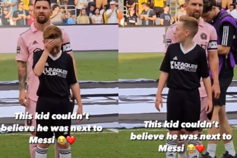 La reacción del niño al encontrarse junto a Lionel Messi en el campo de juego