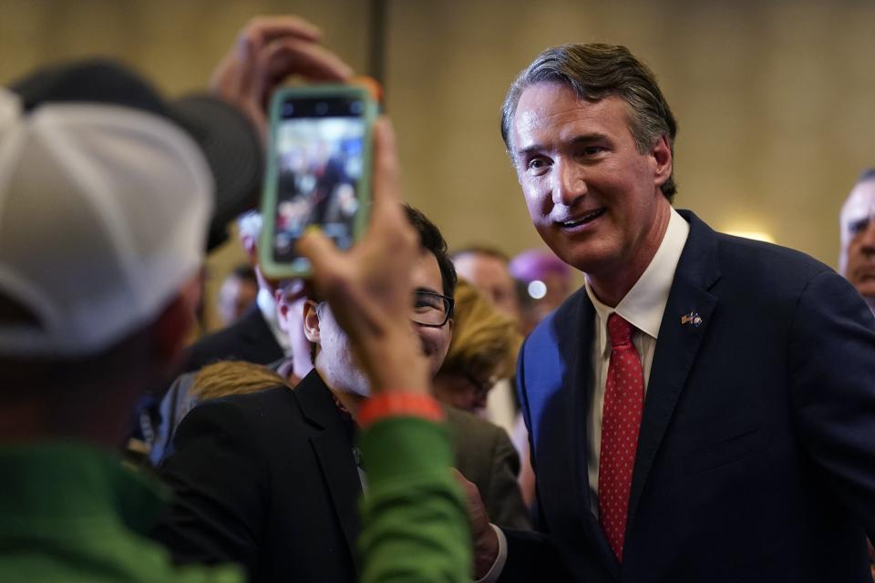 Virginia Gov.-elect Glenn Youngkin greets supporters at an election night party in Chantilly, Va., early Wednesday. [AP Photo/Andrew Harnik]