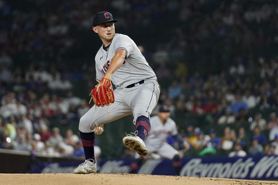 Cleveland Guardians starting pitcher Tanner Bibee delivers to a Chicago Cubs batter during the first inning of a baseball game Saturday, July 1, 2023, in Chicago. (AP Photo/Charles Rex Arbogast)