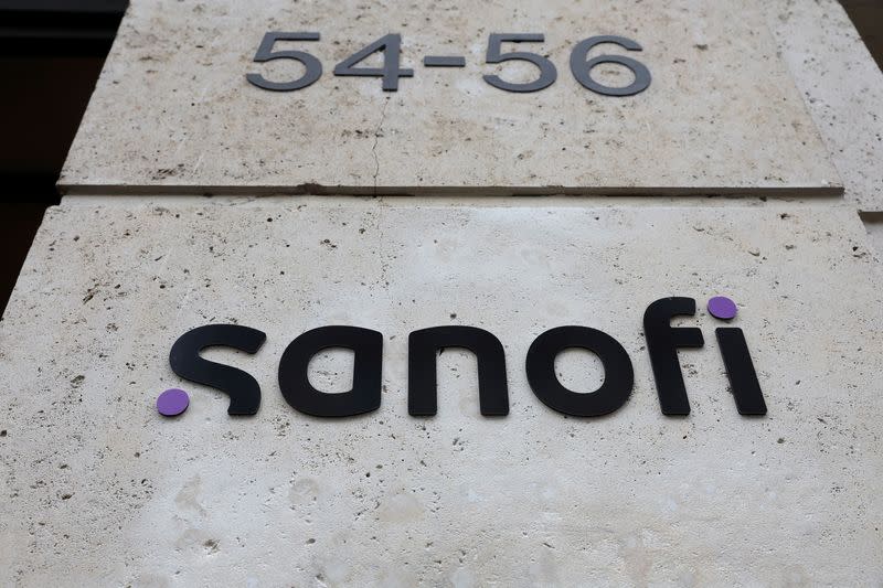 FILE PHOTO: Sanofi logo at the company's headquarters during the annual results news conference in Paris