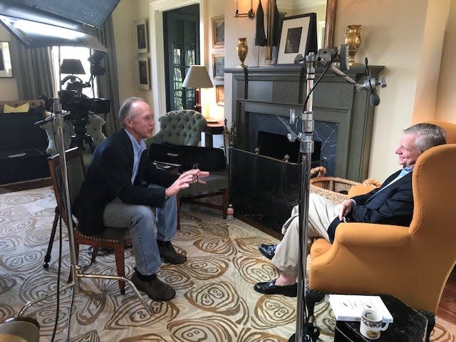 Oxford filmmaker David Crews interviews historian and author Jon Meacham for the documentary film 'Unrivaled: 1899 Sewanee.' Both Crews and Meacham graduated from Sewanee.