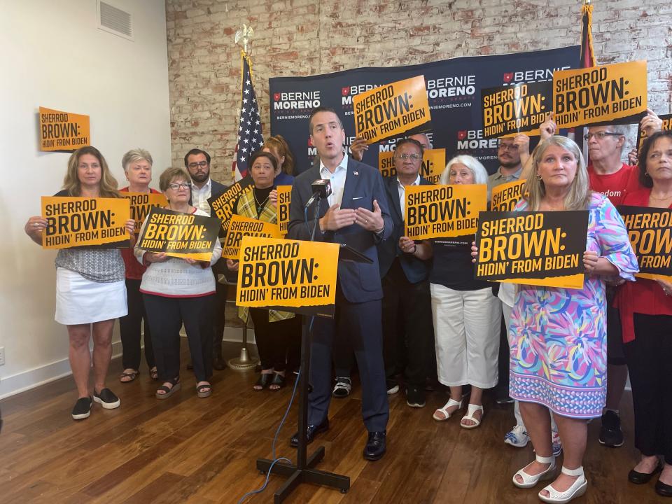 Republican U.S. Senate candidate Bernie Moreno criticizes Sen. Sherrod Brown amid calls by some Democrats for President Joe Biden to drop out during a news conference on July 10.