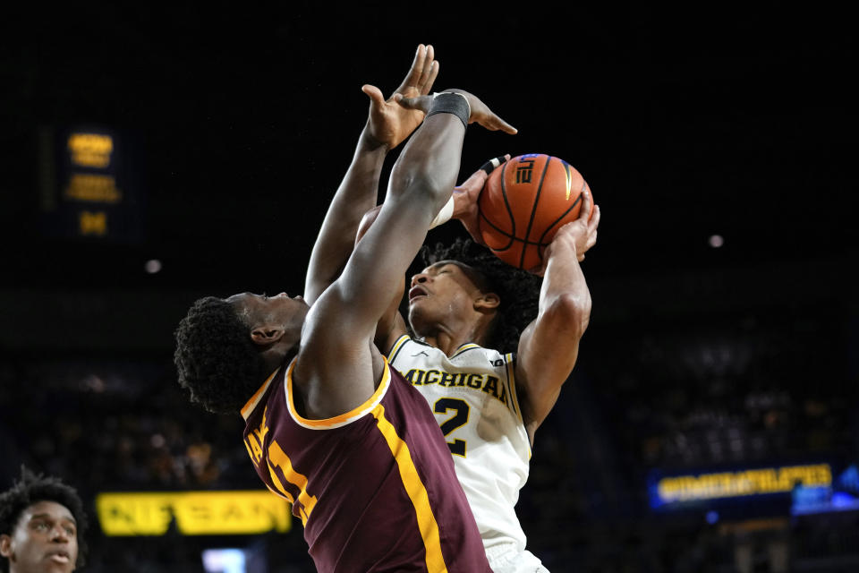 Michigan guard Kobe Bufkin (2) drives on Minnesota forward Pharrel Payne (21) in the second half of an NCAA college basketball game in Ann Arbor, Mich., Sunday, Jan. 22, 2023. (AP Photo/Paul Sancya)