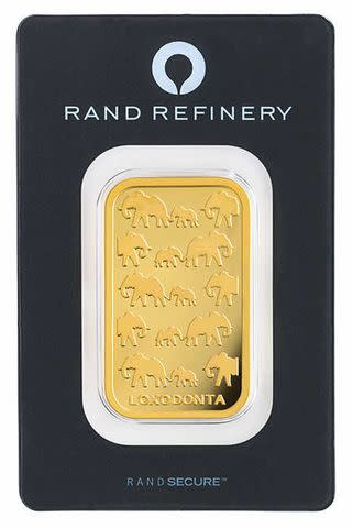 <p>Costco Wholesale</p> A photo of a 1-ounce gold bar from Rand Refinery sold on the Cotsco website.