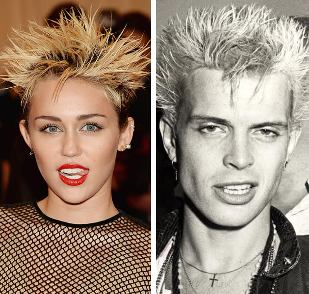 <div class="caption-credit"> Photo by: Getty Images</div><b>Miley Cyrus vs. Johnny Rotten</b> <br> Miley did her best Sex Pistols impression, imitating the lead singer's spiky hair. Her fishnet dress was perfect for the evening's punk theme. <br>