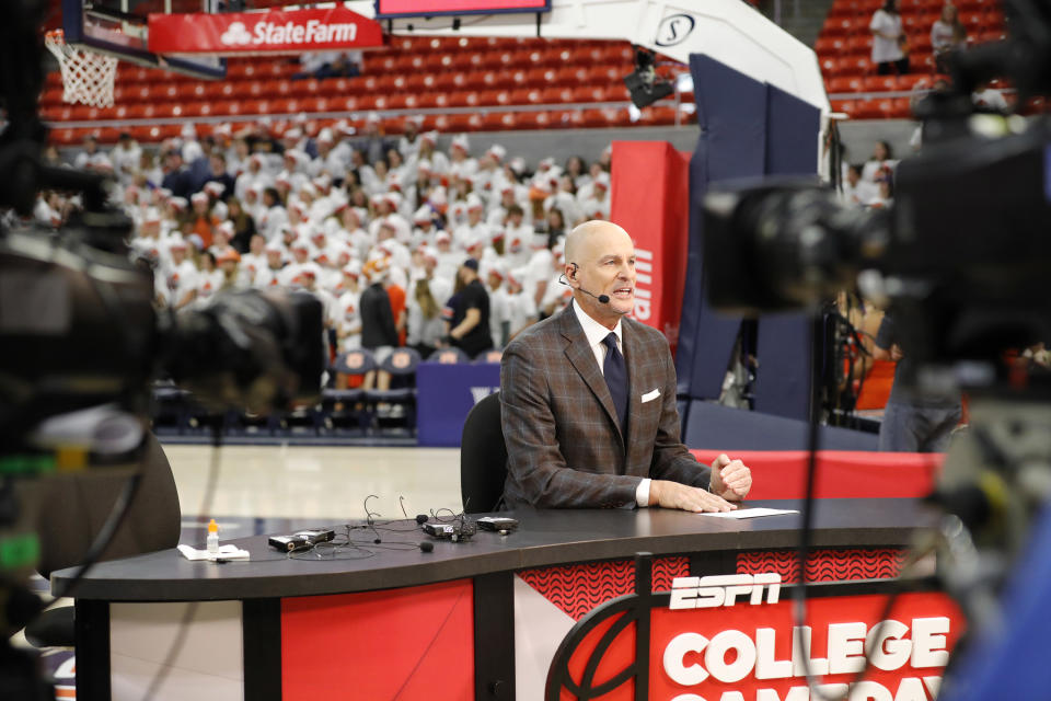 ESPN College Gameday host Jay Bilas does a promo for the broadcast between the Auburn Tigers and the Texas A&M Aggies on Feb 12, 2022. Photo: John Reed-USA TODAY Sports