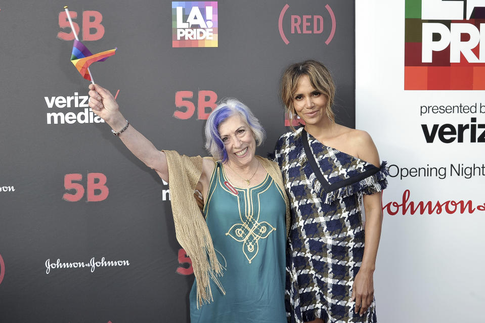 Alison Moed, left, and Halle Berry attend the U.S. premiere of the documentary Film "5B" during the opening night of LA Pride Festival on Friday, June 7, 2019, in West Hollywood, Calif. (Photo by Richard Shotwell/Invision/AP)