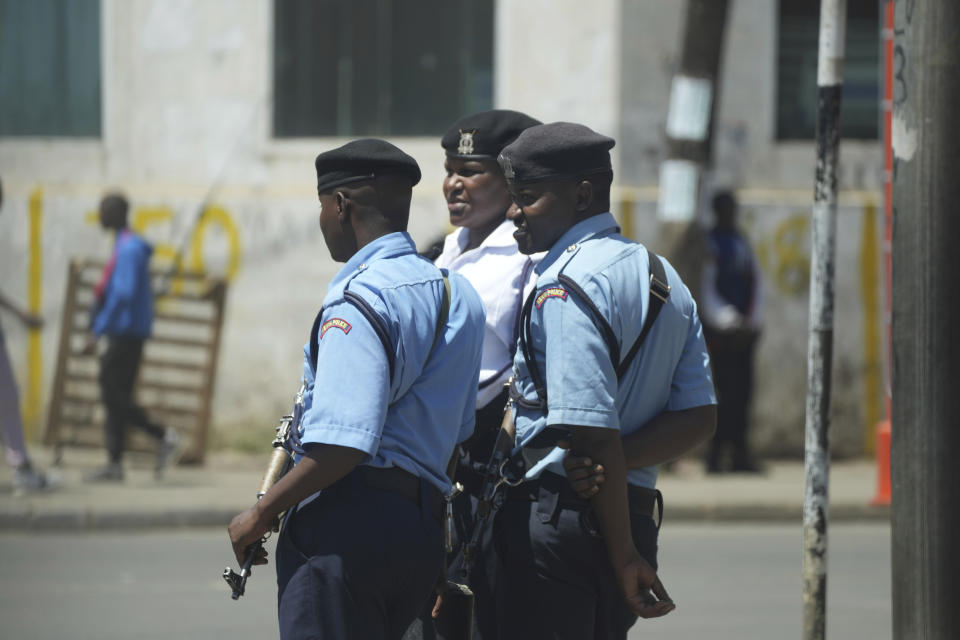 Kenya police patrol the streets of Nairobi, Kenya, Tuesday, March.12, 2024. Kenya agreed in October to lead a U.N.-authorized international police force to Haiti, but the Kenyan High Court in January ruled the plan unconstitutional, in part because of a lack of reciprocal agreements between the two countries. Kenya and Haiti signed agreements Friday, March 1, 2024 to try to salvage a plan for the African country to deploy 1,000 police officers to the troubled Caribbean nation to help combat gang violence that has surged to unprecedented levels. (AP Photo/Brian Inganga)