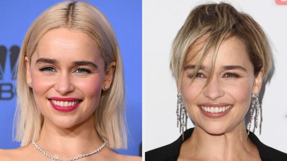 Emilia Clarke with a short platinum bob and with a shaggy pixie cut