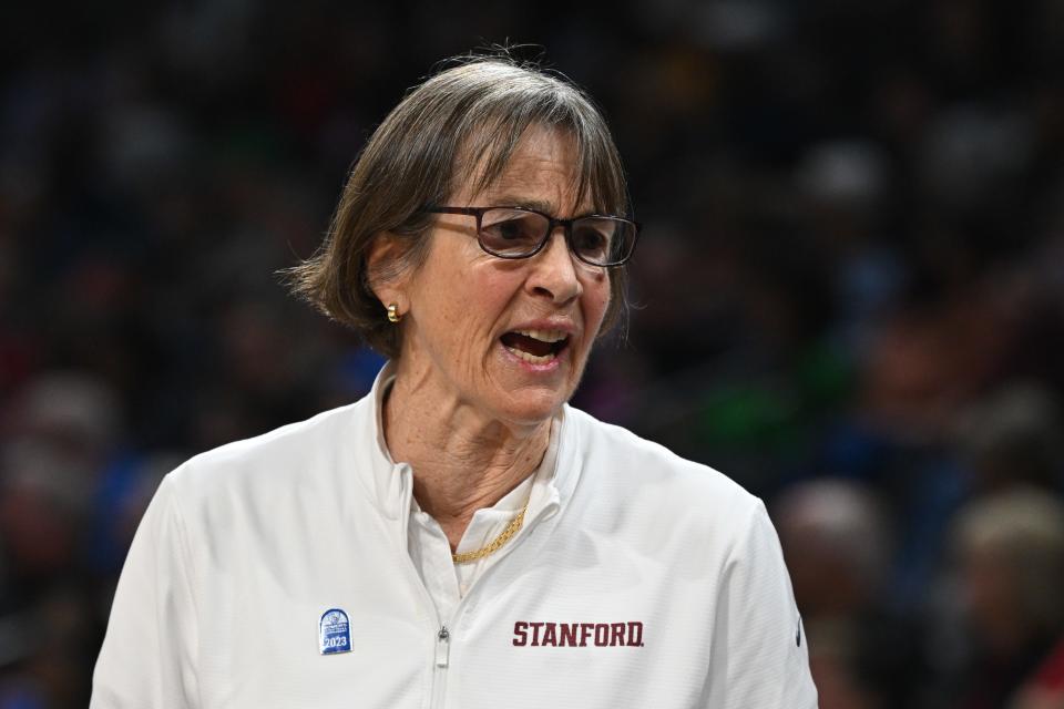 Stanford Cardinal head coach Tara VanDerveer in the third quarter against the UCLA Bruins at Michelob Arena in Las Vegas on March 3, 2023.
