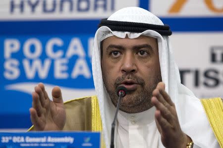 Olympic Council of Asia (OCA) President Sheikh Ahmad Al-Fahad Al-Sabah speaks at a news conference at the Main Media Centre of the 17th Asian Games in Incheon September 21, 2014. REUTERS/Rob Dawson/Files