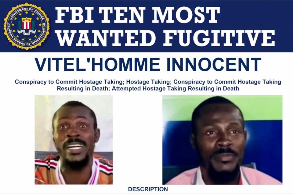 PHOTO: Haitian gang leader Vitel'Homme Innocent was added to its Ten Most Wanted List, Nov. 15, 2023, for the 2021 kidnapping of 16 U.S. missionaries and the slaying of another in 2022 and the kidnapping of that missionary's husband. (Federal Bureau of Investigation/AP)