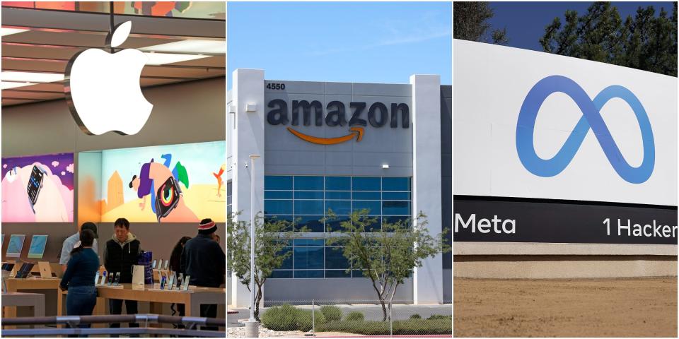 Workers at big tech companies like Apple (left), Amazon, and Meta may be leaving after two years because of workplace dissatisfaction. 