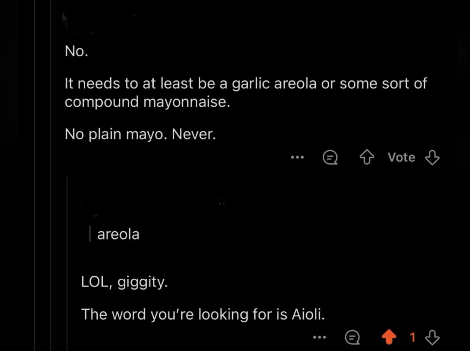 Social media screenshot of a humorous exchange where someone confuses 'aioli' with 'areola'