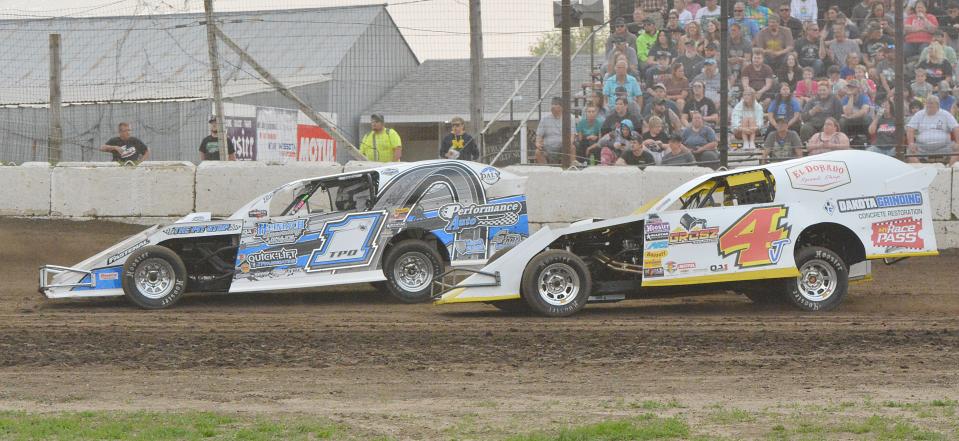 Tyler Peterson of Hickson, N.D. (1TPO) and Lee Grosz of Watertown (4J) were among the 21 drivers who competed in the Moonshine Modified Tour feature on Sunday, June 17, 2023 at Casino Speedway. Peterson won the 30-lap feature race.