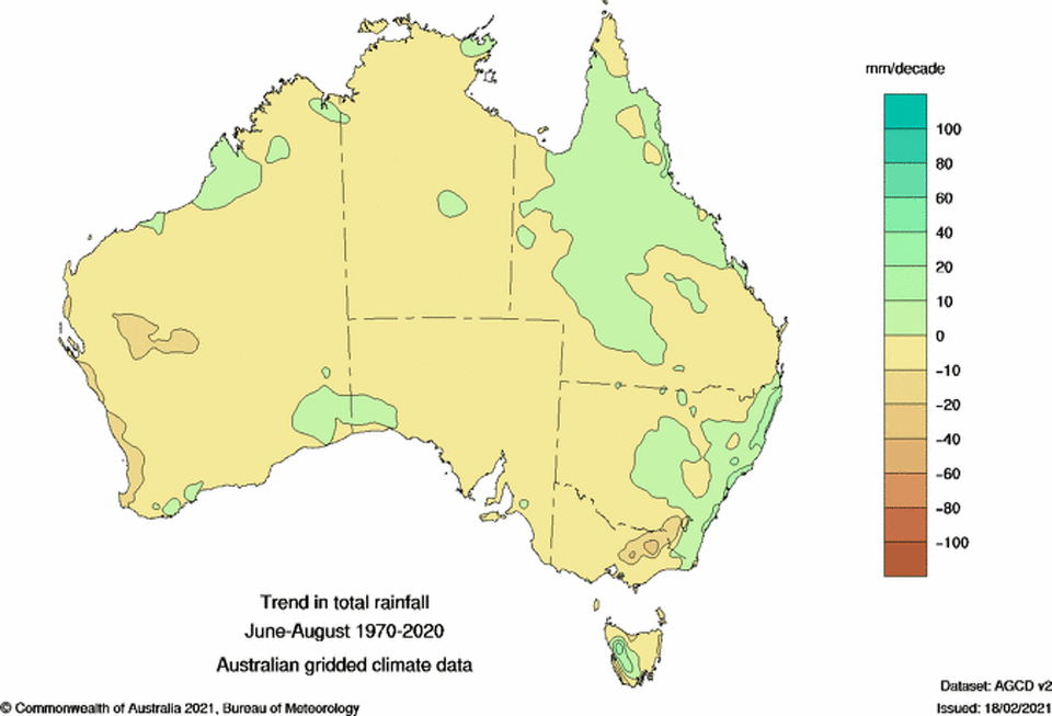 <span class="caption">Decadal trends in winter precipitation. Australian Bureau of Meteorology.</span>