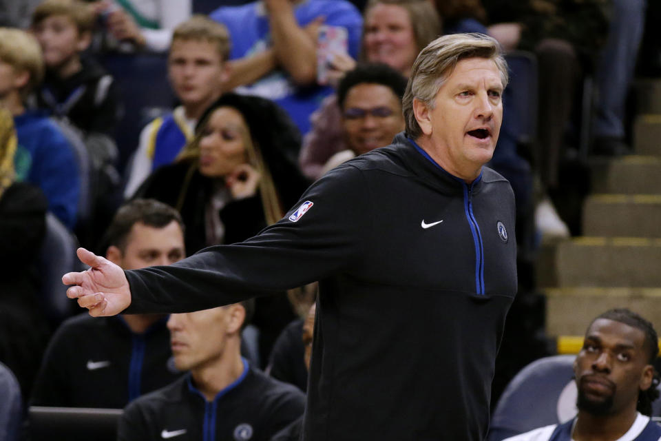 Minnesota Timberwolves coach Chris Finch gestures during the fourth quarter of the team's NBA basketball game against the Golden State Warriors on Sunday, Nov. 27, 2022, in Minneapolis. (AP Photo/Andy Clayton-King)