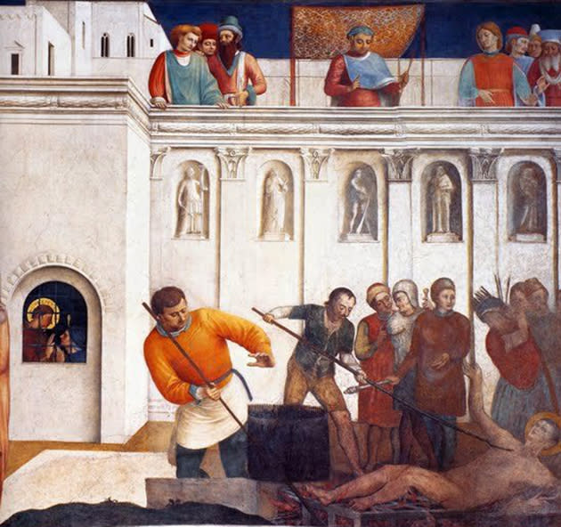 Martyrdom of St. Lawrence<br> Painted by Fra Angelico inside the Niccoline Chapel<br><br> (Photo courtesy <a href="https://sites.google.com/site/aguidetorome/" rel="nofollow noopener" target="_blank" data-ylk="slk:David Lown;elm:context_link;itc:0;sec:content-canvas" class="link ">David Lown</a>)