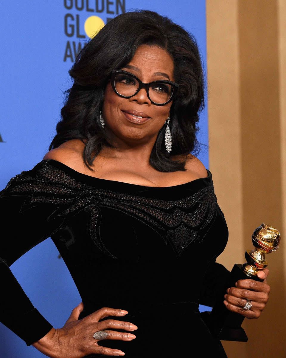 Oprah, like many other celebrities, wore black to the Golden Globes in a bid to stand against sexual harassment of women in the workplace. Source: Getty