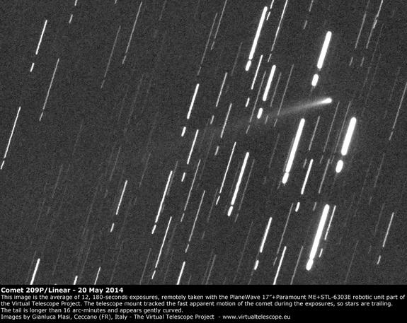 The Virtual Telescope Project imaged Comet 209P/LINEAR on May 20, 2014. The telescope mount tracked the apparent motion of the comet, so stars are trailing.