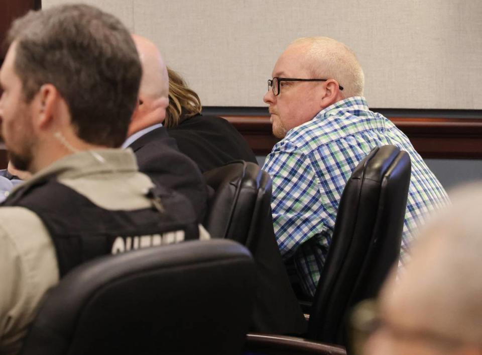 Paul Bumgardner listens in court as attorney’s question his ex-wife Tonia Dellinger during an earlier part of the double-murder trial. Bumgardner was found not guilty of all charges.