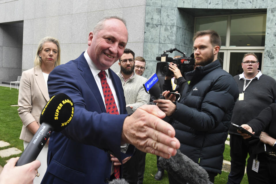 Newly-elected Nationals Leader Barnaby Joyce speaks to the media during a press conference at Parliament House in Canberra, Australia, Monday, June 21, 2021. Australian Prime Minister Scott Morrison will soon announce changes to his Cabinet after a scandal-tarnished colleague was elevated to deputy prime minister. (Lukas Coch/AAP Image via AP)