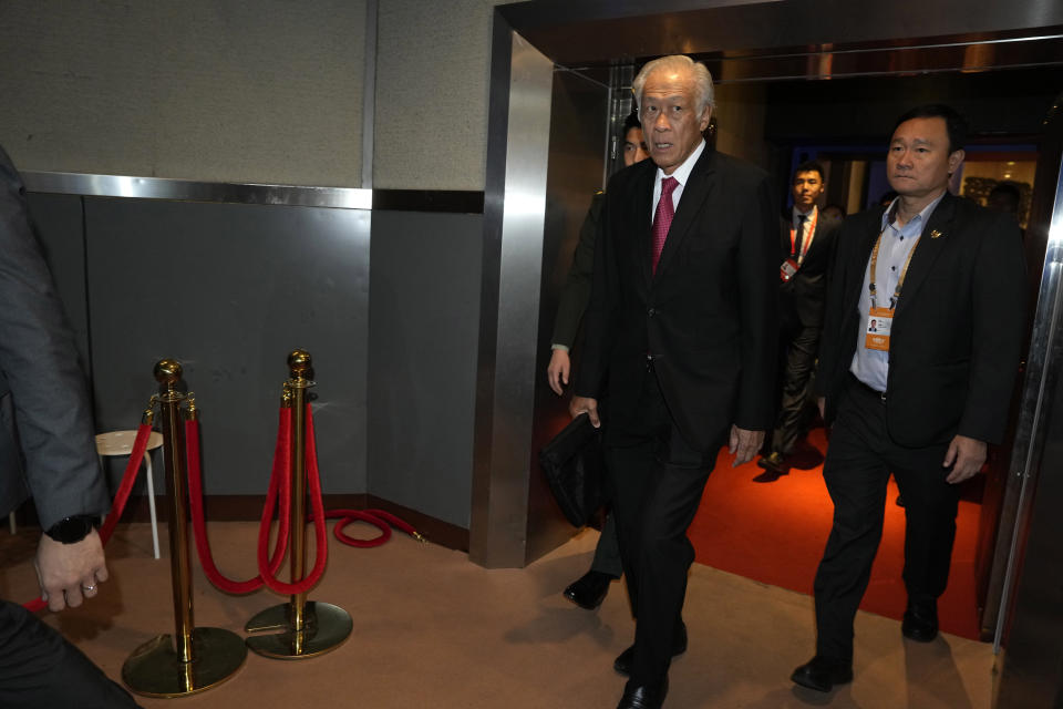 Singapore's Defense Minister Ng Eng Hen arrives for the 10th Beijing Xiangshan Forum in Beijing, Tuesday, Oct. 31, 2023. Ng called on China, as a dominant power in Asia, to take the lead in reducing tensions by being a benevolent one, warning that military conflict like the wars in Ukraine and Gaza would be devastating to the region's future. (AP Photo/Ng Han Guan)