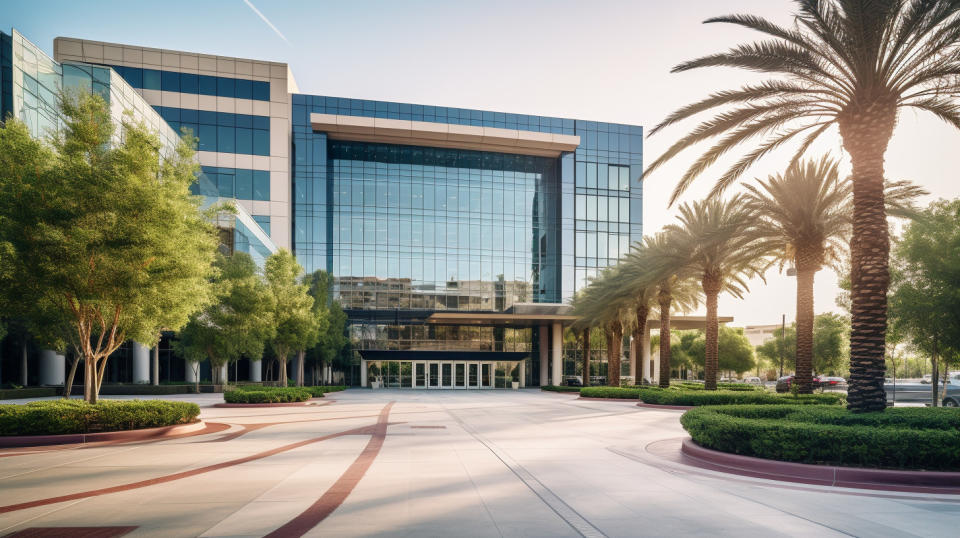 A wide angled view of a large office building owned by the REIT-Mortgage company, highlighting their commercial real estate investments.