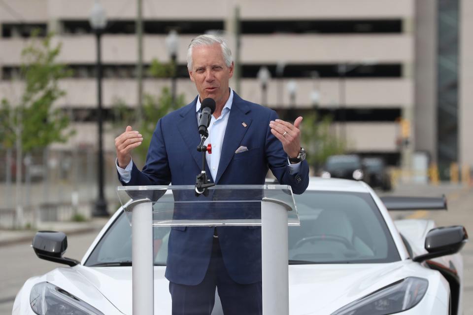 A Detroit Grand Prix ceremony, moving from Belle Isle to downtown was held Monday, June 6, 2022. Three Corvettes ever escorted by police down Jefferson and around the new course ending up at the new finish line at Franklin and Schweister. Detroit Grand Prix chairman Bud Denker Chairman talks about the race's move from Belle Isle to Detroit on Monday, June 6, 2022, at the new finish line at the intersection of Franklin and Schweizer Place.