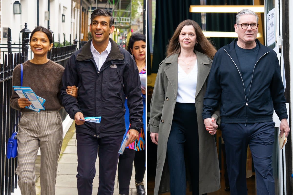 Rishi Sunak and Akshata Murty canvass, and Labour leader Sir Keir Starmer and his wife Victoria cast their votes (Conservative Party/PA)