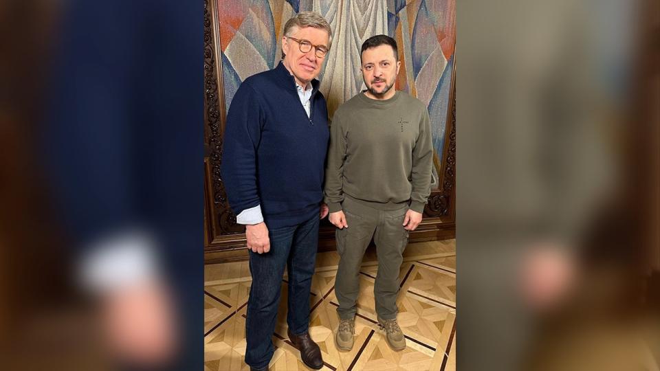 split photo of Gregory Palkot, Volodomyr Zelensky