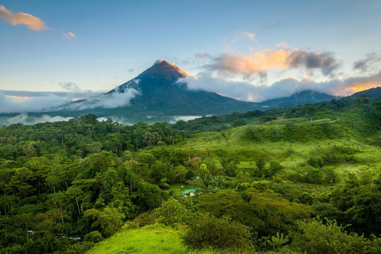 Scenic view of Arenal Volcano in central Costa Rica at sunrise