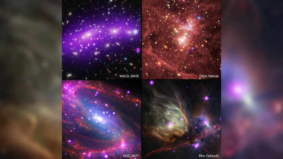  Four different panels showing colorful clouds of gas in deep space seen against background stars. 