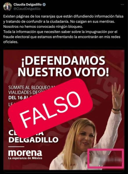 La invitación a un bloqueo de vialidades en protesta por la elección a la gubernatura de Jalisco ya fue desmentida por la morenista.