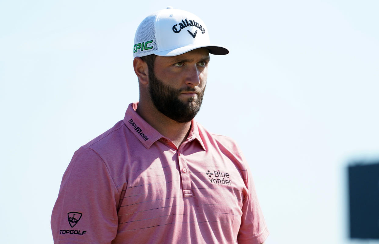 Jul 18, 2021; Sandwich, England, GBR; Jon Rahm looks down the fairway for his shot from the ninth tee during the final round of the Open Championship golf tournament. Mandatory Credit: Peter van den Berg-USA TODAY Sports