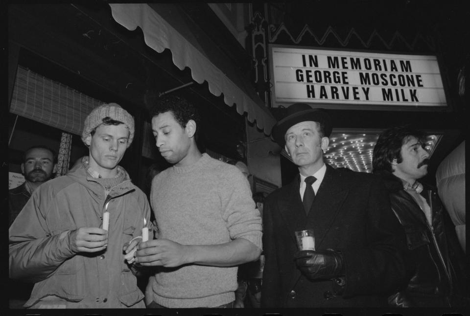 Mourners hold a candlelight vigil for Mayor George Moscone and City Supervisor Harvey Milk after they were assassinated at city hall.