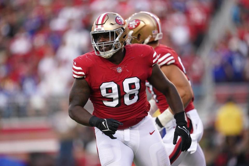 Sep 21, 2023; Santa Clara, California, USA; San Francisco 49ers defensive tackle Javon Hargrave (98) reacts after recording a sack against the New York Giants in the second quarter at Levi’s Stadium. Mandatory Credit: Cary Edmondson-USA TODAY Sports Cary Edmondson/Cary Edmondson-USA TODAY Sports