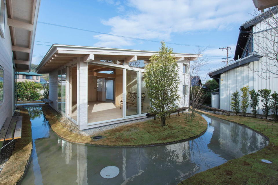 Small housing unit in the Awazuku House rental complex rests right alongside one of the artificial streams.