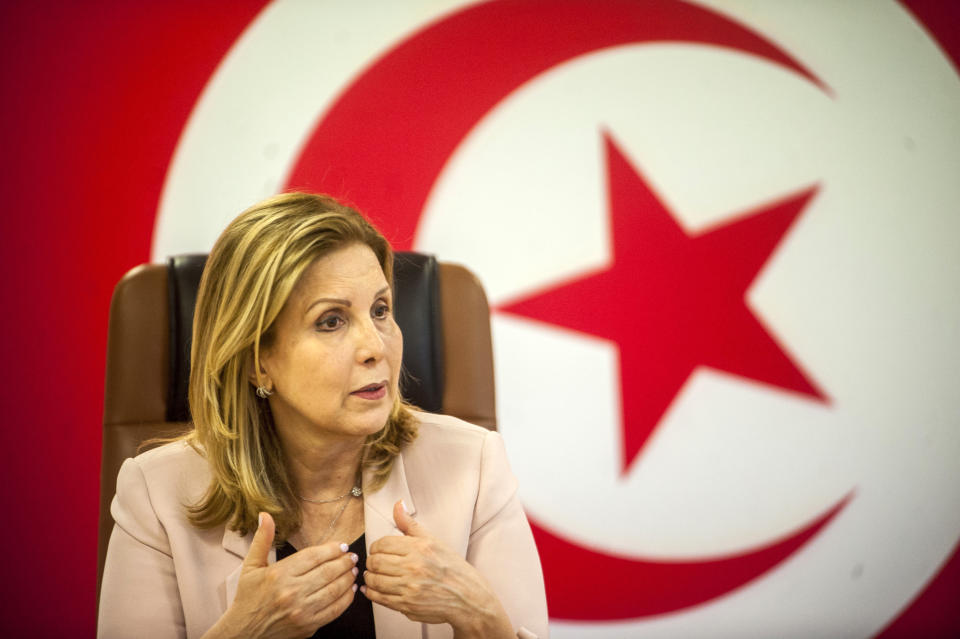 In photo taken Thursday, Aug. 22, 2019, Selma Elloumi Rekik, representing the Nida Tounes, a candidate for the upcoming presidential elections, talks to the Associated Press in Tunis. Tunisian women can seek abortions, file for divorce and enjoy other rights unheard of in some parts of the Arab world _ and two presidential candidates say it's time to put a woman in charge of the country. Selma Elloumi Rekik and Abir Moussi want to fight against creeping fundamentalism that has threatened Tunisian women's freedoms, and improve economic prospects for unemployed youth. (AP Photo/Hassene Dridi)