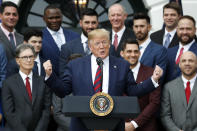 President Donald Trump speaks during a ceremony on the South Lawn of the White House in Washington, Thursday, May 8, 2019, where he honored the 2018 World Series Baseball Champion Boston Red Sox. (AP Photo/Pablo Martinez Monsivais)