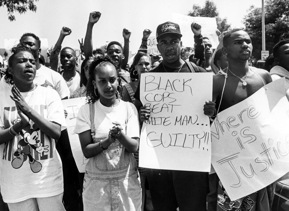 Image: Students from Skyline High School in Oakland, Calif. march in protest on May 1, 1992 after the verdict in the Rodney King beating. (Gary Reyes / Oakland Tribune via Getty Images file )