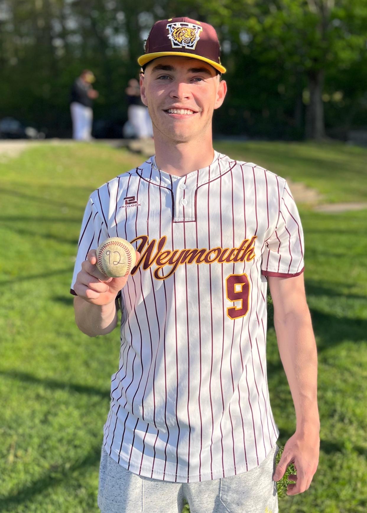 Weymouth's Gill Dolan after becoming the program's all-time hits leader vs. Walpole at Bird Middle School in Walpole on Thursday, May 9, 2024.