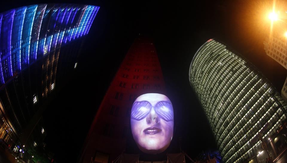 Face sculpture is pictured during light rehearsal for upcoming festival of lights in Berlin