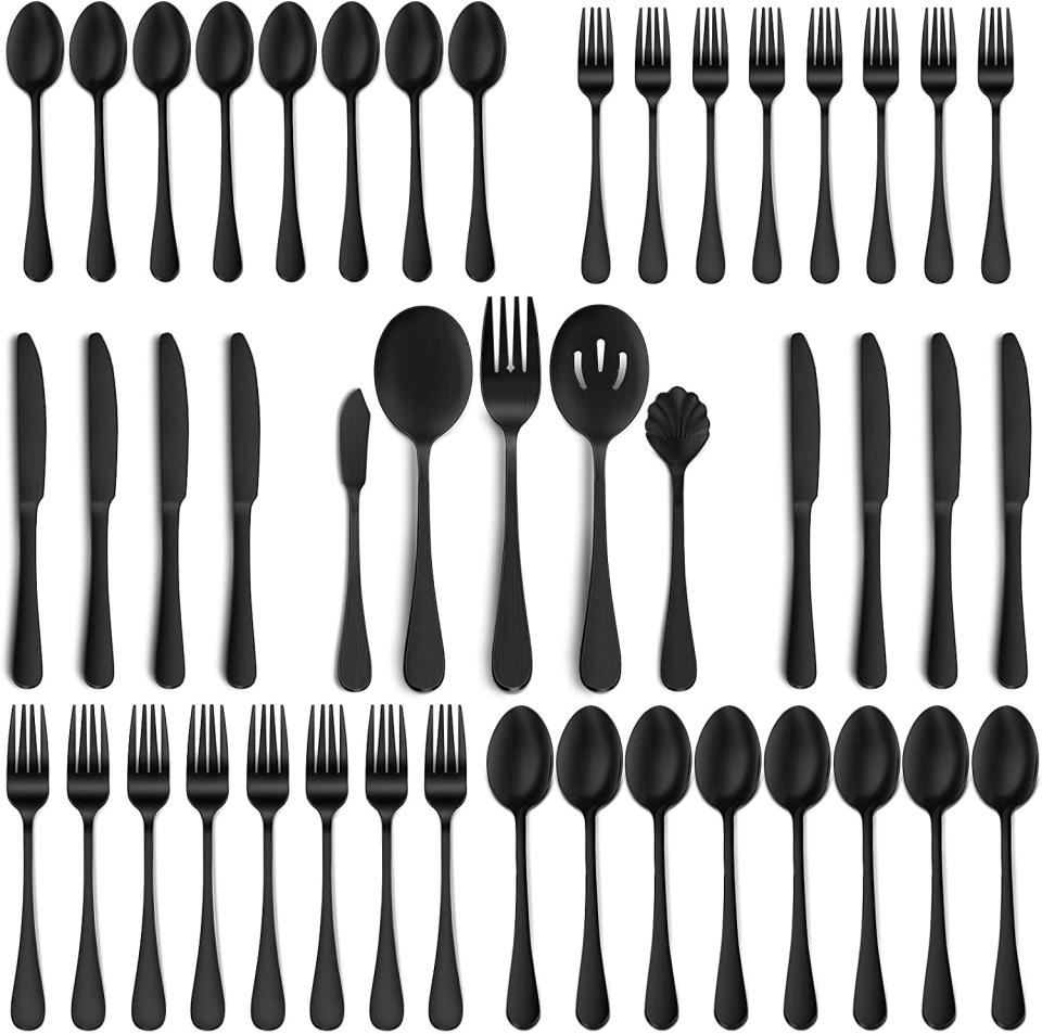 45 pieces of silverware in black on white background