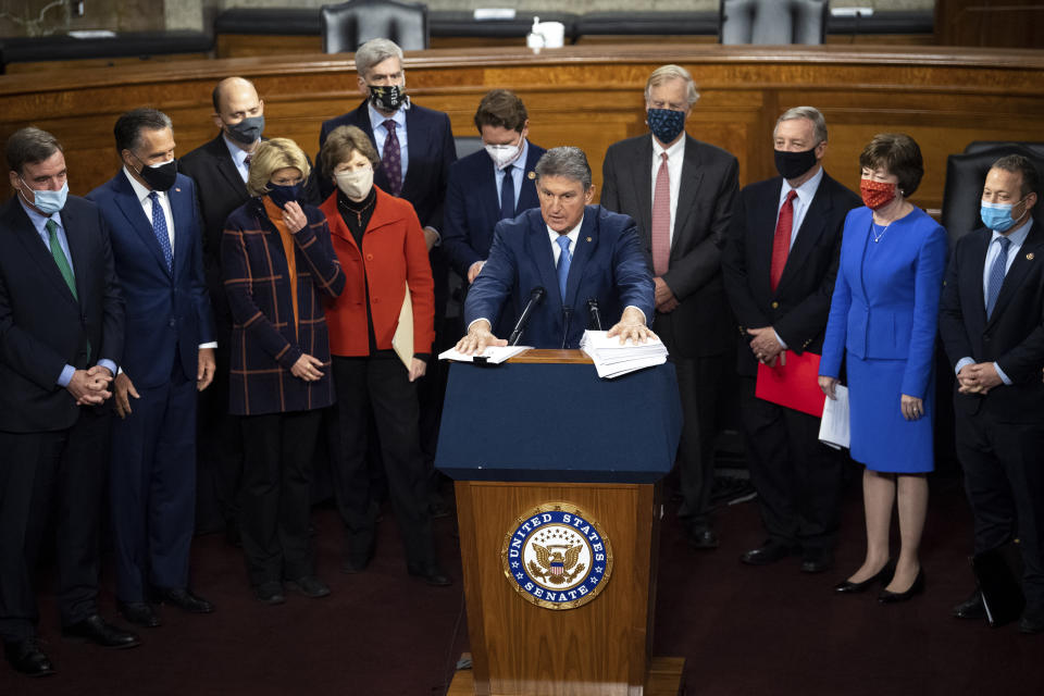 UNITED STATES - December 14: Sen. Joe Manchin, D-W. Va., speaks during a news conference with a group of bipartisan lawmakers to unveil a proposal for a COVID-19 relief bill in Washington on Monday, Dec. 14, 2020. (Photo by Caroline Brehman/CQ-Roll Call, Inc via Getty Images)