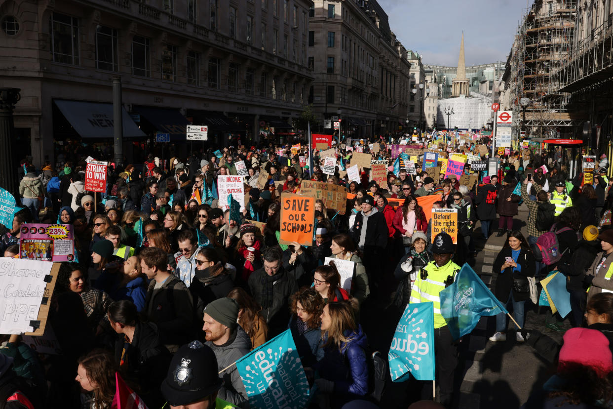 LONDON, ENGLAND - FEBRUARY 01:  Education workers gather in central London as they rally towards Westminster during a day of strikes across the UK on February 1, 2023 in London, United Kingdom. Public sector union members in education, the civil service and the Railways are taking part in strike action across the UK today. Teachers are walking out for the first time over pay and conditions joining 100,000 civil servants who are also seeking a pay rise. ASLEF and RMT train drivers are continuing a long-running strike and will also walk out on Friday. (Photo by Dan Kitwood/Getty Images)