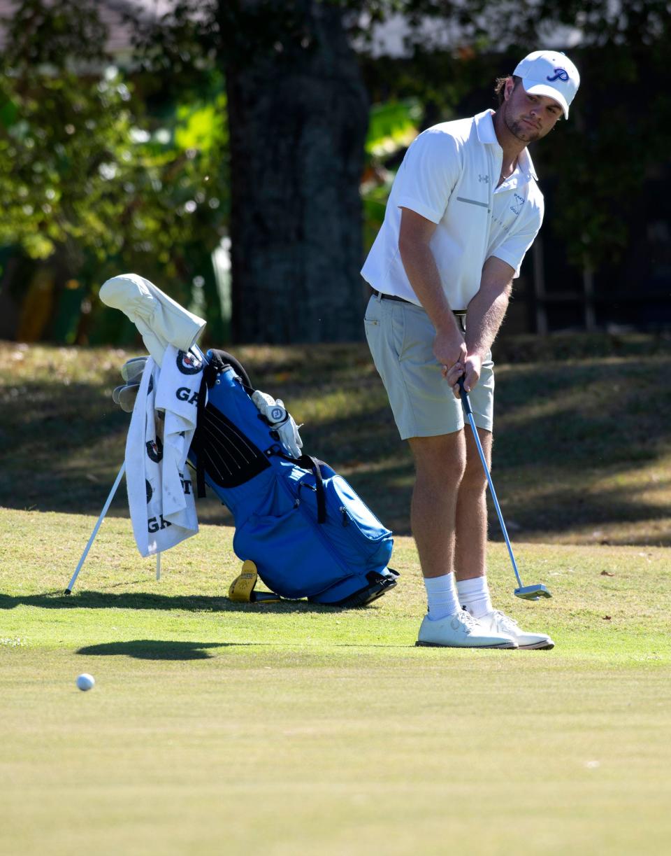Pace High School's Braden Duvall putts for par while playing the front nine during the District 1-3A meet at Stonebrook Golf Club on Monday, Oct. 24, 2022. 