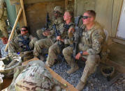 U.S. military advisers from the 1st Security Force Assistance Brigade sit at an Afghan National Army base in Maidan Wardak province, Afghanistan August 6, 2018. REUTERS/James Mackenzie