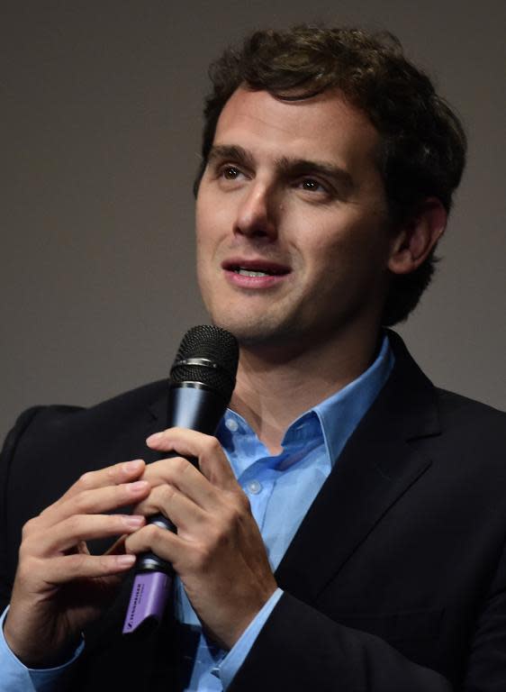 Ciudadanos (Citizens) leader Albert Rivera -- who has pledged to fight corruption -- speaks during the presentation of his party's economic programme in Madrid, on April 7, 2015