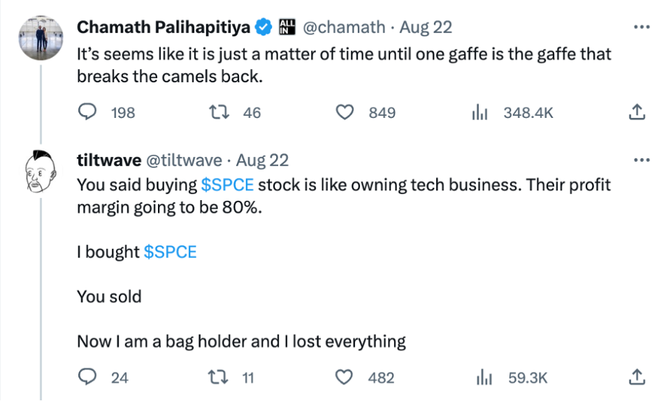 A screenshot of a testy exchange between Chamath Palihapitiya and a former fan.